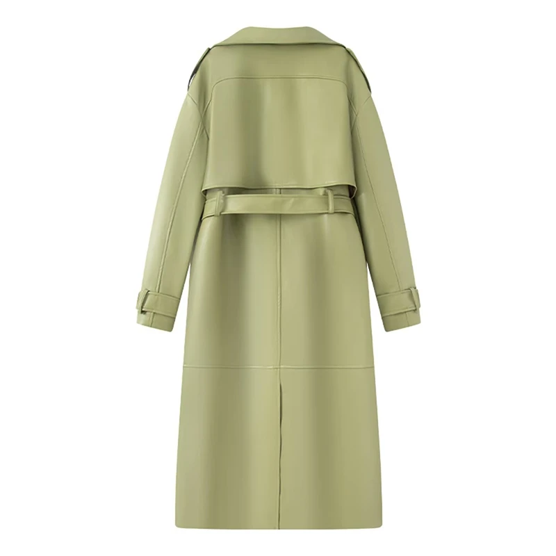 เสื้อโค้ทกันลมหนังยาวสีพื้นทรงหลวมประดับเข็มขัดที่ไหล่  คอลเลคชั่นฤดูใบไม้ร่วงใหม่สำหรับผู้หญิงจาก KEYANKETIAN