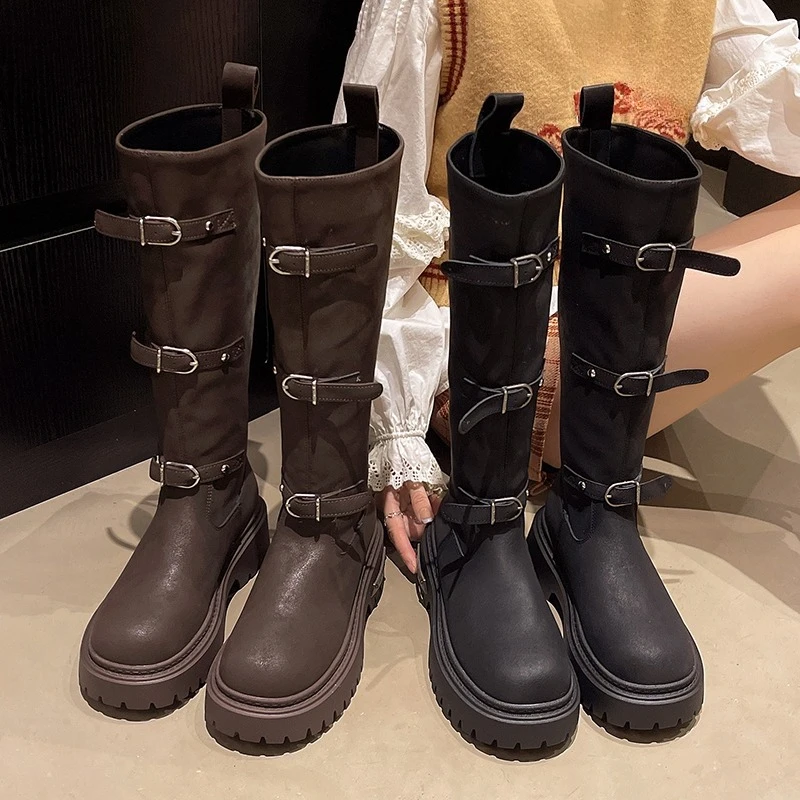 

Ботинки на платформе Knight в стиле ретро, женские высокие сапоги выше колена с круглым носком и молнией сзади