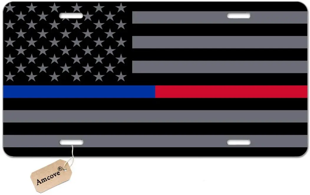 Amcove Metal Sign Thin Blue Red Line & Fire Respect and Law Enforcement Flag Decorative Car Front Metal Sign