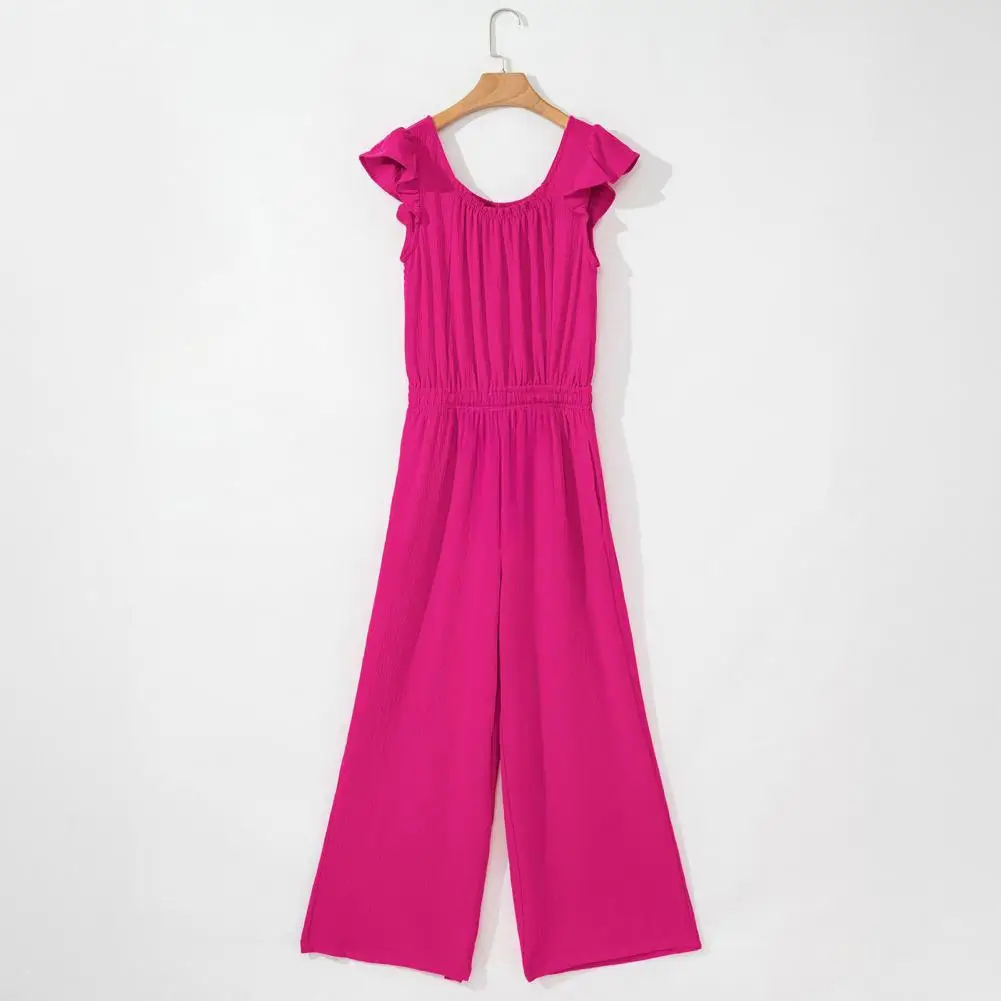 

Trendy Polyester Jumpsuit for Women Stylish Women's Summer Jumpsuits Ruffle Cap Sleeve Rompers Drawstring Overalls for Women