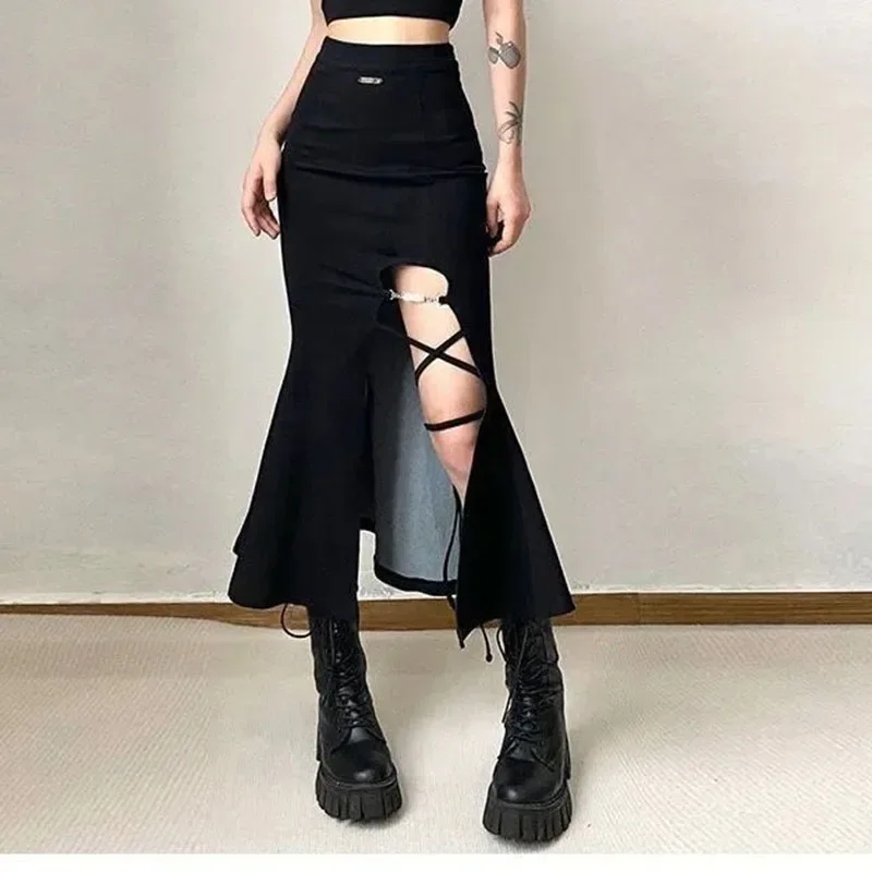 

High Waist Women Mermaid Skirts American Style Designed Bandage Split Midi Skirt Y2K Fashion Streetwear Female Skirts Spring New