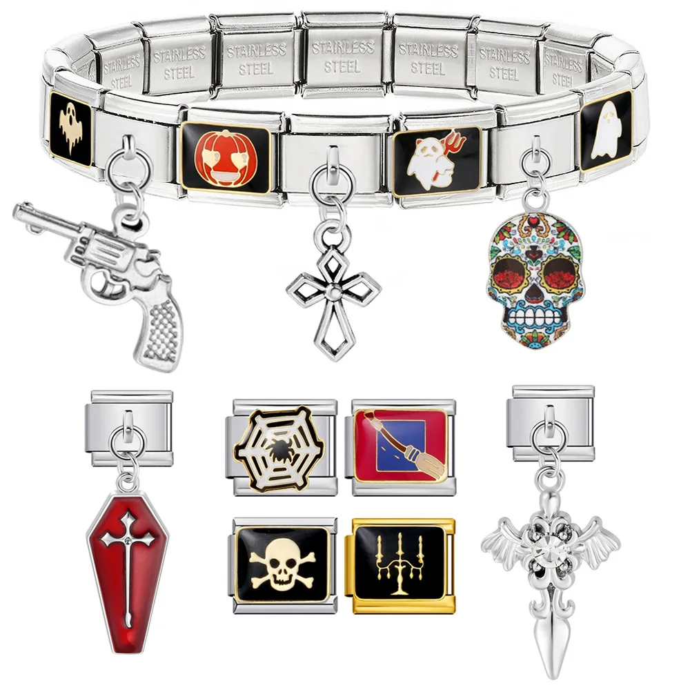 Black Series Gothic Halloween Cross Candlestick Pendant Italian Stainless Steel Link fit 9mm Bracelet Making DIY Charm Jewelry