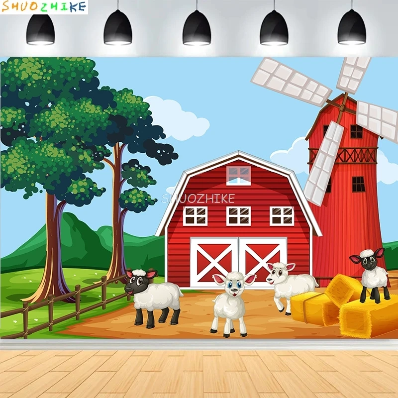 Фермерская сцена старый фермер человек и милые животные фотографии фонов красный сарай ветряная мельница молочная корова фон для дня рождения NC-03