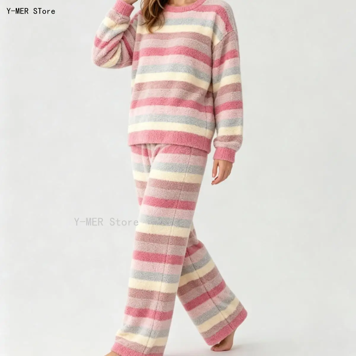 Women Sweet Rainbow Stripe Fleece 2-Piece Loungewear Set, Crew Neck Long Sleeve Loose Top and Trousers Home Outfit Autumn Winter