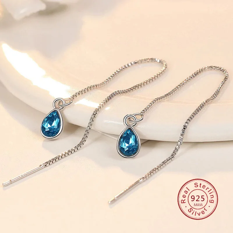 NEW Water drop shaped blue crystal Earrings For Women 925 Sterling Silver Charm line Earrings Pave CZ Anniversary Jewelry Gift