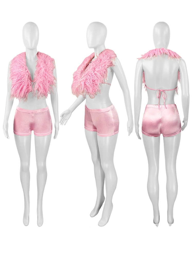Luxury Fur Patchwork 2 Pieces Set for Woman Outfit Summer 2025 New Tank Top and Stretch Shorts Midnight Club Wear Party Suits - Image 5