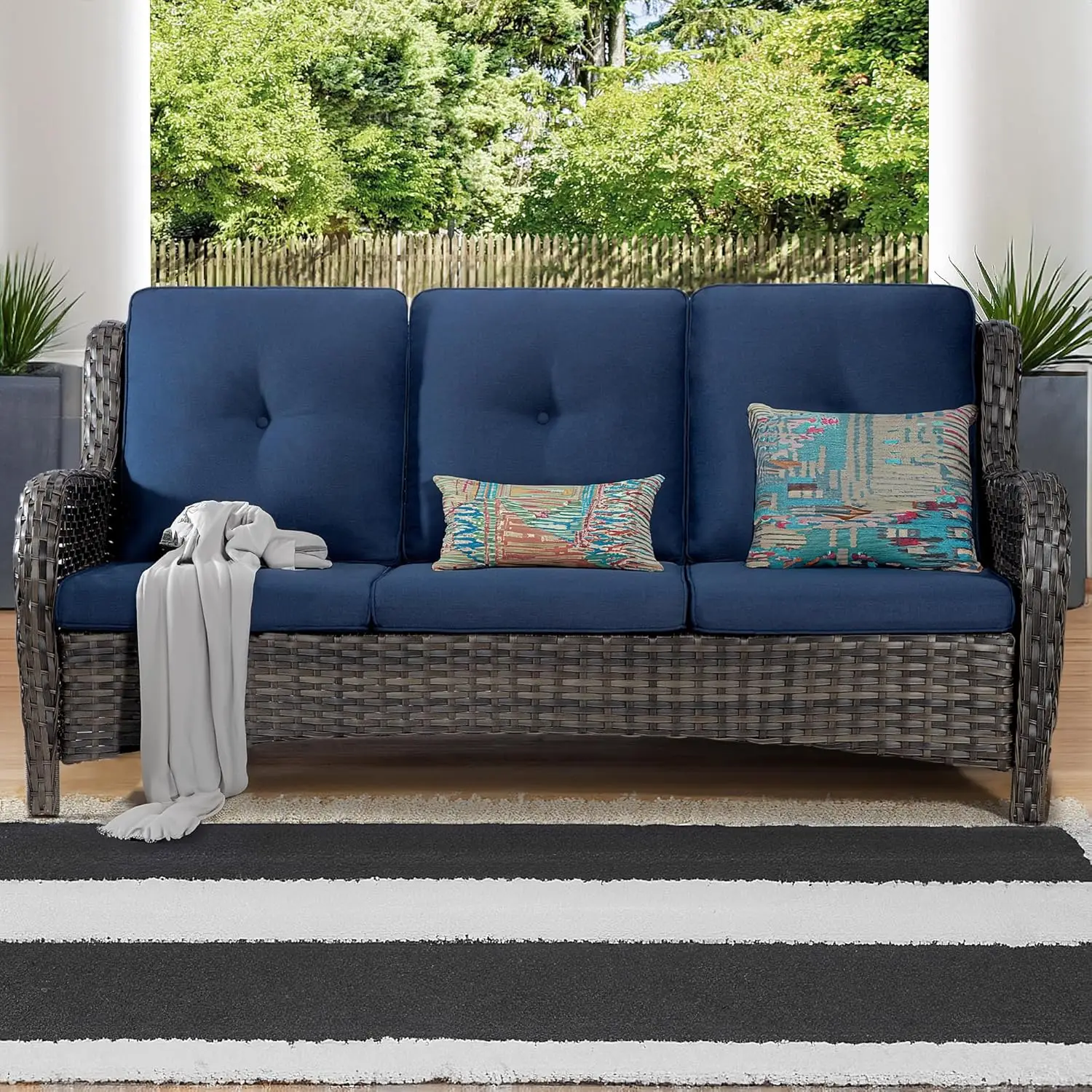 Outdoor Patio Couch Wicker Sofa - 3 Seater Rattan Sofa for Outside Patio Garden with Deep Seating and Olefin Cushions