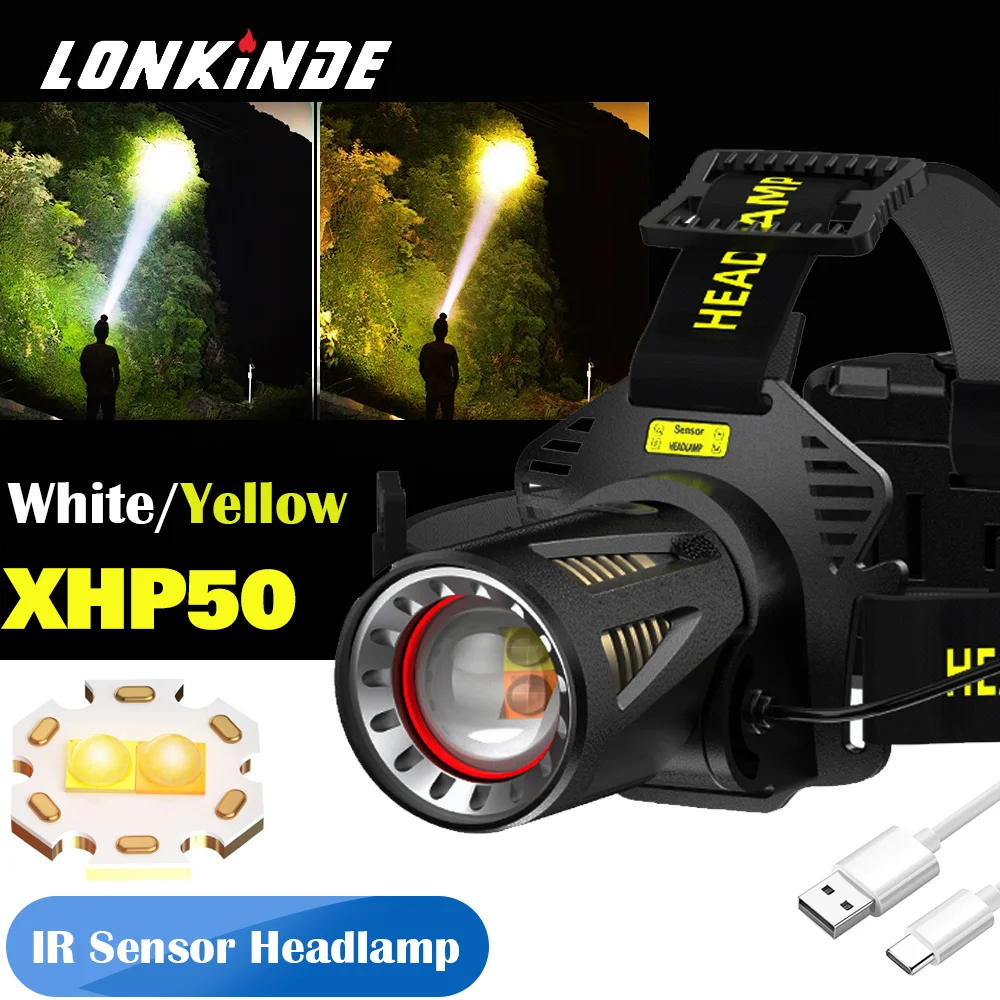 

Upgrade Powerful XHP50.2 Headlamp Torch IR Sensor Double Sources Headlight Flashlight USB Rechargeable T6 LED Head Lamp Lantern