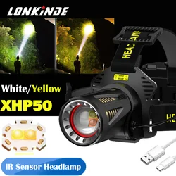 Upgrade Powerful XHP50.2 Headlamp Torch IR Sensor Double Sources Headlight Flashlight USB Rechargeable T6 LED Head Lamp Lantern