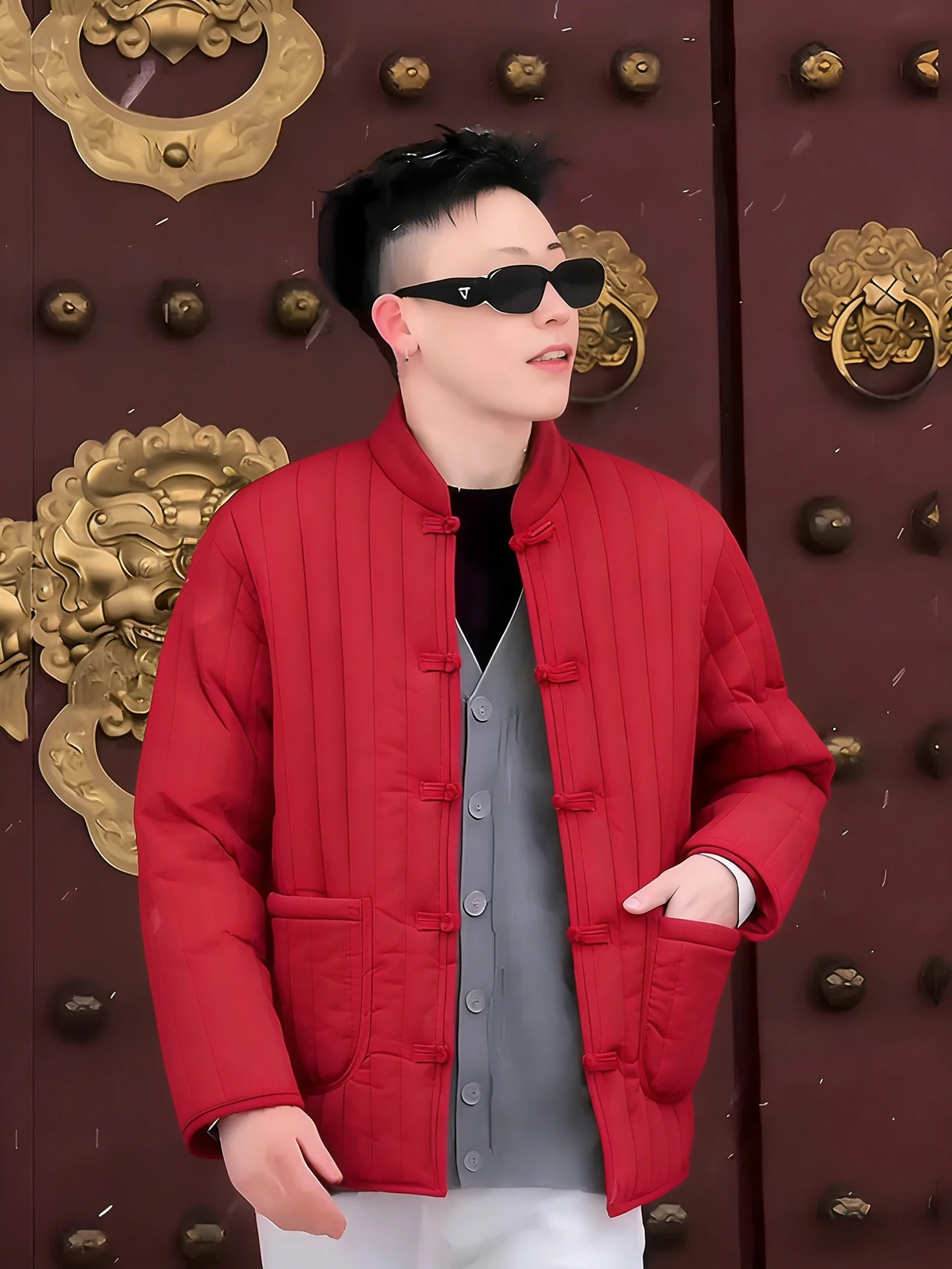 

Thiened Cotton Padded Jaet Men's Winter Warm Outerwear Manin Collar Tang Costume Sle Year Chinese Zodiac Red C...