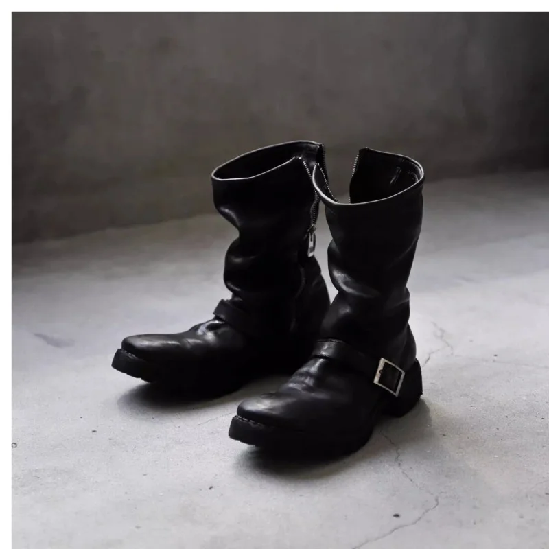 Thick Soled Retro Motorcycle Boots for Men and Women High Rise Engineer Boots Midsole Workwear Boots Middle Tube Boots