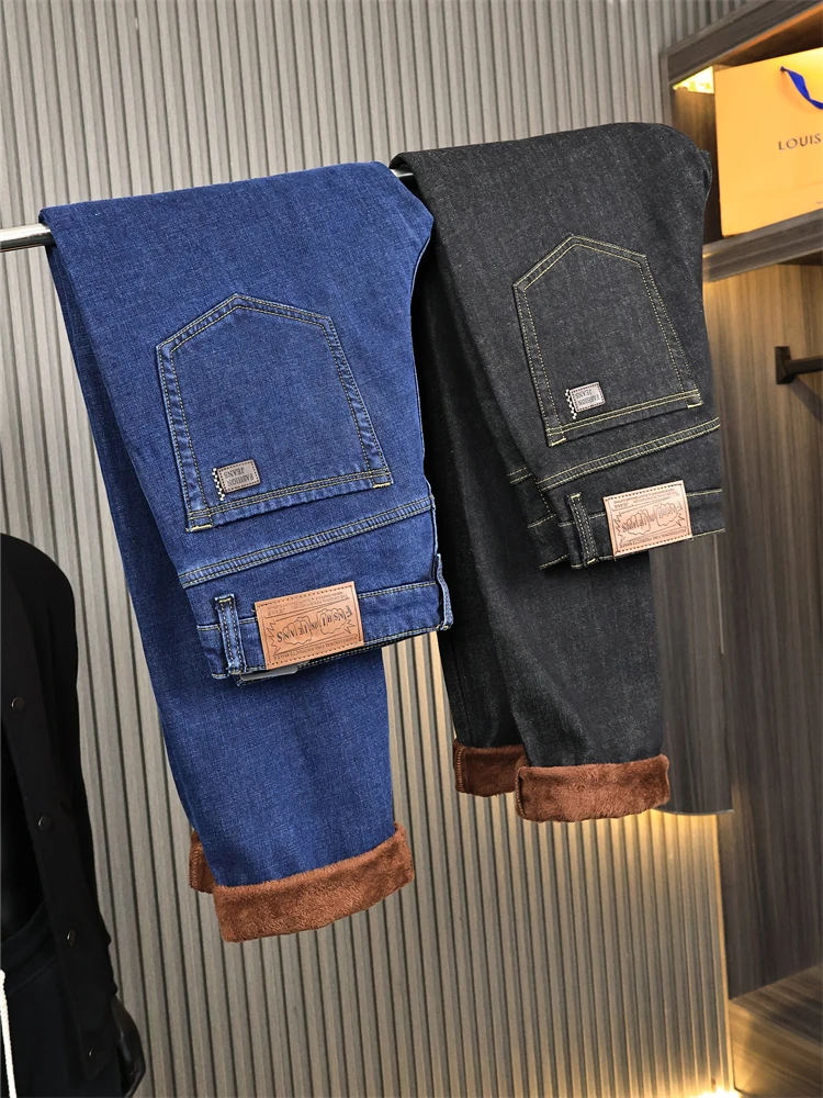 

Men's Faionable Pure Color Fce Lined Denim Jeans Warm Casual Pants mid Waist Loose Straight Leg Thiened Winter Wear