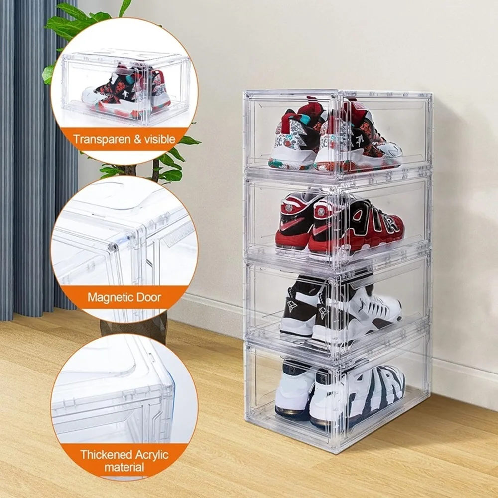 6 Pack Large Plastic Shoe Storage Boxes Stackable Magnetic Door Dustproof Organizer for Men/Women Sports Shoes up to Size 13 image 2