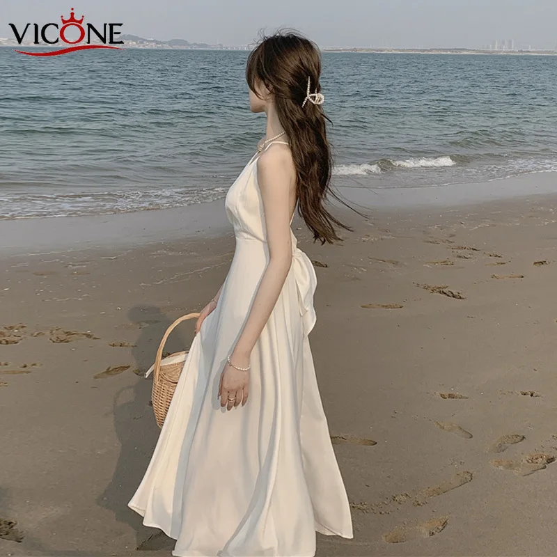 

VICONE Макси винтажное атласное сексуальное Белое летнее платье без рукавов женское платье для отпуска с открытой спиной и бантом пляжный Длинный Сарафан