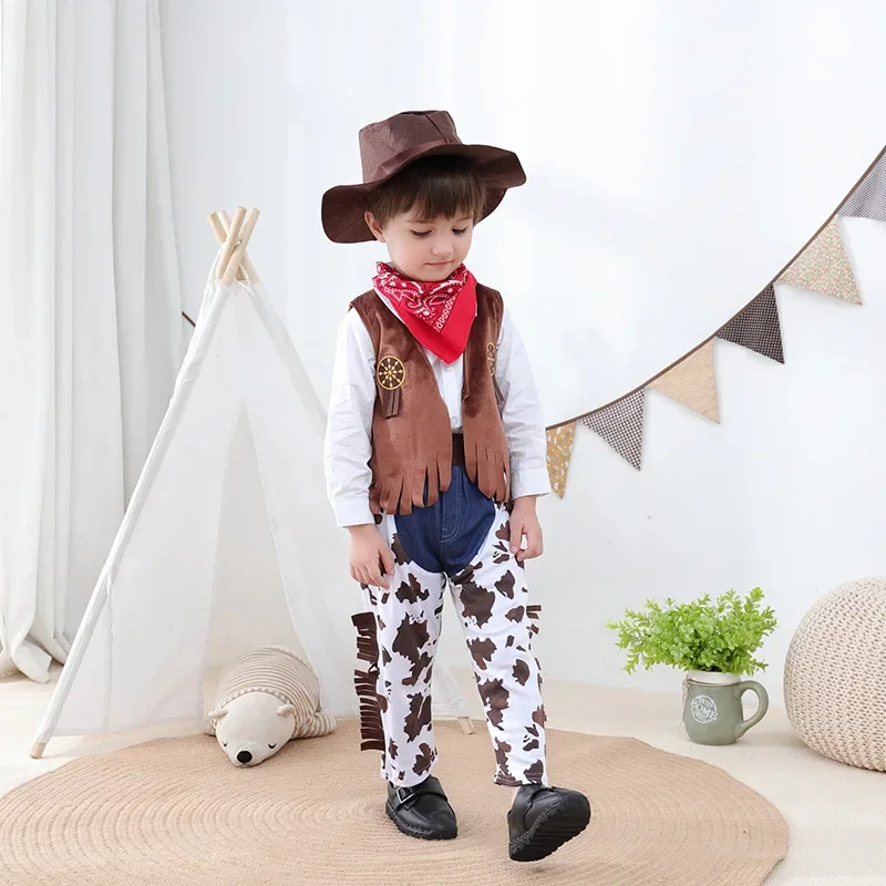 Costume da cowboy per ragazzi per set di abbigliamento cosplay gilet pantaloni pantaloni sciarpa cappello 4 pezzi abiti per bambini