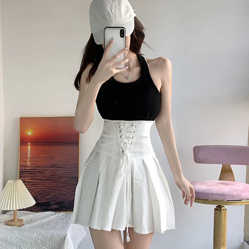 Summer Fashion Harajuku Solid High Waist Cross Lace Up Skirts Office Lady A-line Outdoor Stretwear Y2k Aesthetic Pleated Jupe