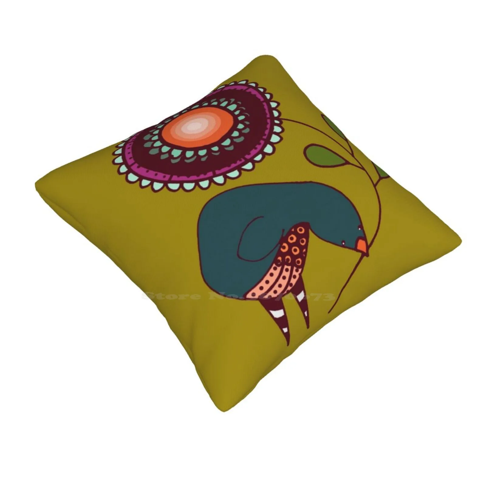 Kalini Funny Cute Decor Square Pillowcase Bird Flower Olive Green Fushia Blue Children