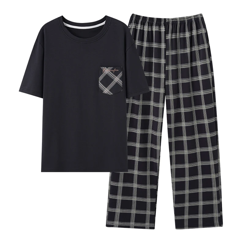 Grande Taille M-4XL Hommes 100% Coton Pyjama Ensemble D'été À Manches Courtes Vêtements De Nuit Hommes Casual Plaid Pijamas