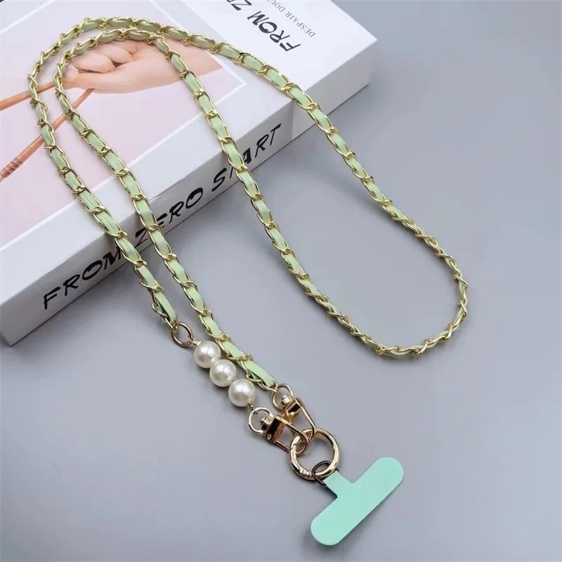 Parel lederen ketting mobiele telefoon riem lang crossbody anti-verlies schouderkoord met metalen hanger voor dames