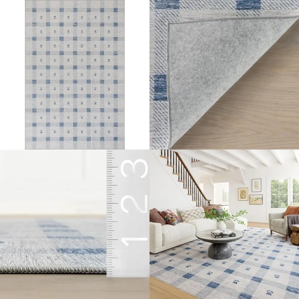

Коврик Valen Plaid, который можно стирать в машине, 4x6 футов, синий и белый узор, прочный и стильный для домашнего декора