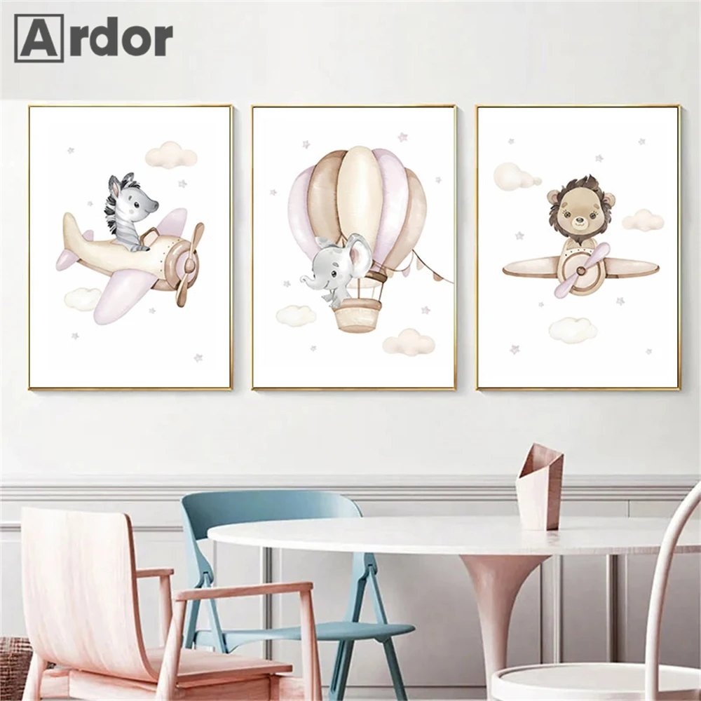 

Cloud Hot Air Balloon Airplane Animal Canvas Painting Lion Wall Art Poster Nursery Print Pictures Nordic Posters Kids Room Decor