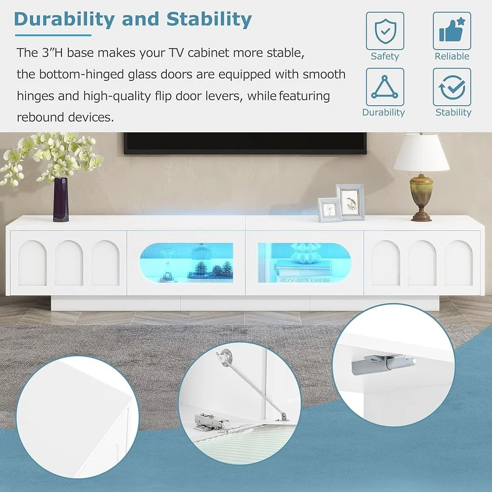 Suporte de TV funcional para TVs de até 95 polegadas Smart LED Light Bluetooth Controle Media Console com gavetas e armários de armazenamento