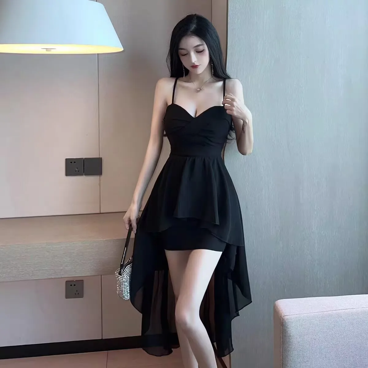 

Women Summer Dresses 2025 Evening Short Front Long Back Strapless Dress Sexy Temperament Medium Length Suspender Dresses