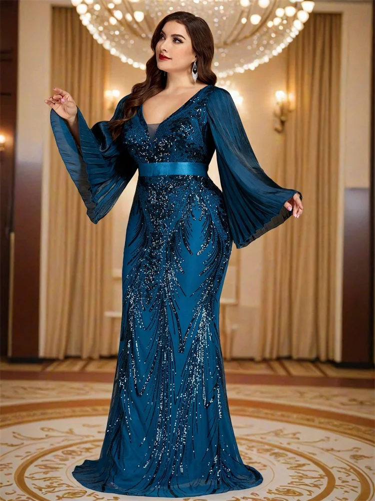 Lucyinlove Plus Size Luxus-Abendkleider mit Pailletten und langen Ärmeln, schmal geschnitten, für Damen, elegante Meerjungfrau-Formelle Party-Cocktailkleider – Detail 7
