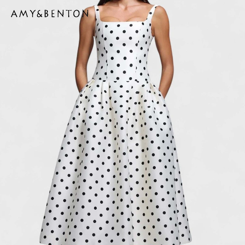 

European American New White Polka Dot Women's Sling Dress French Design Sweet Cool Sexy Hot Girl Sleeveless Long Dresses Ladies