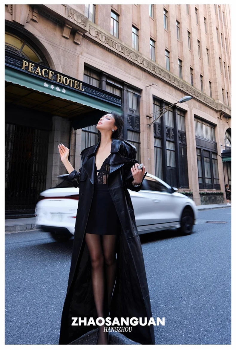 Lautaro Spring Autumn Cool Extra Long Black Loose Pu Leather Trench Coat for Women with Shoulder Pads Belt European Fashion 2024