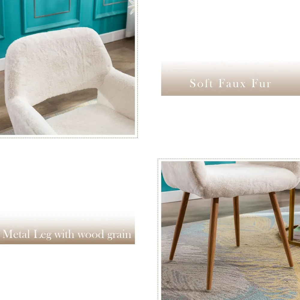 كرسي مكتب فروي KCC، كرسي مريح بذراعين حديث من منتصف القرن مع فرو صناعي للفتيات المراهقات، أرجل معدنية ذات مظهر خشبي لتناول الطعام #4