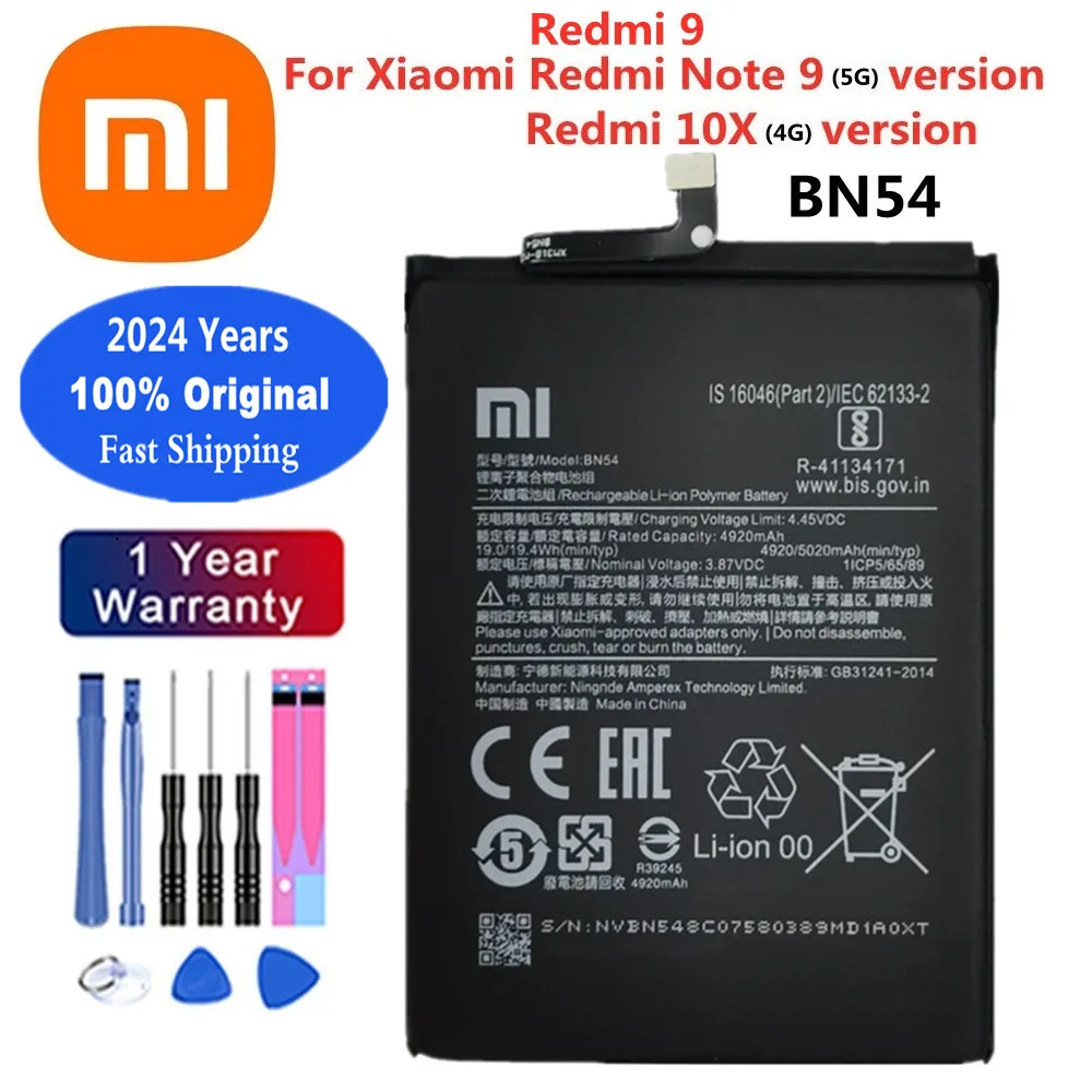 

2024 Years BN54 100% Original Battery For Xiaomi Redmi Note 9 Note9 5G / Redmi 9 / Redmi 10X 4G Version 5020mAh Bateria Battery