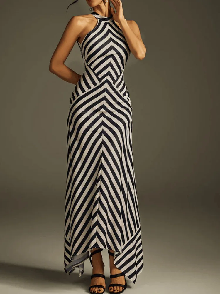 أنيقة الرسن بلا أكمام مساء فستان طويل المرأة مثير عارية الذراعين الجوف خارج فستان الحفلات موضة مخطط طباعة فساتين ضئيلة #5