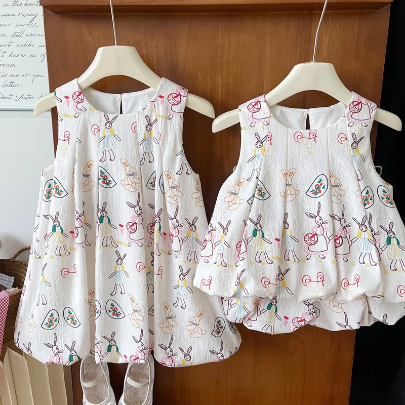 

Girls' Summer Dress2024New Printed Little Girl Sleeveless Princess Dress Female Baoyang Style Bud Vest Dress