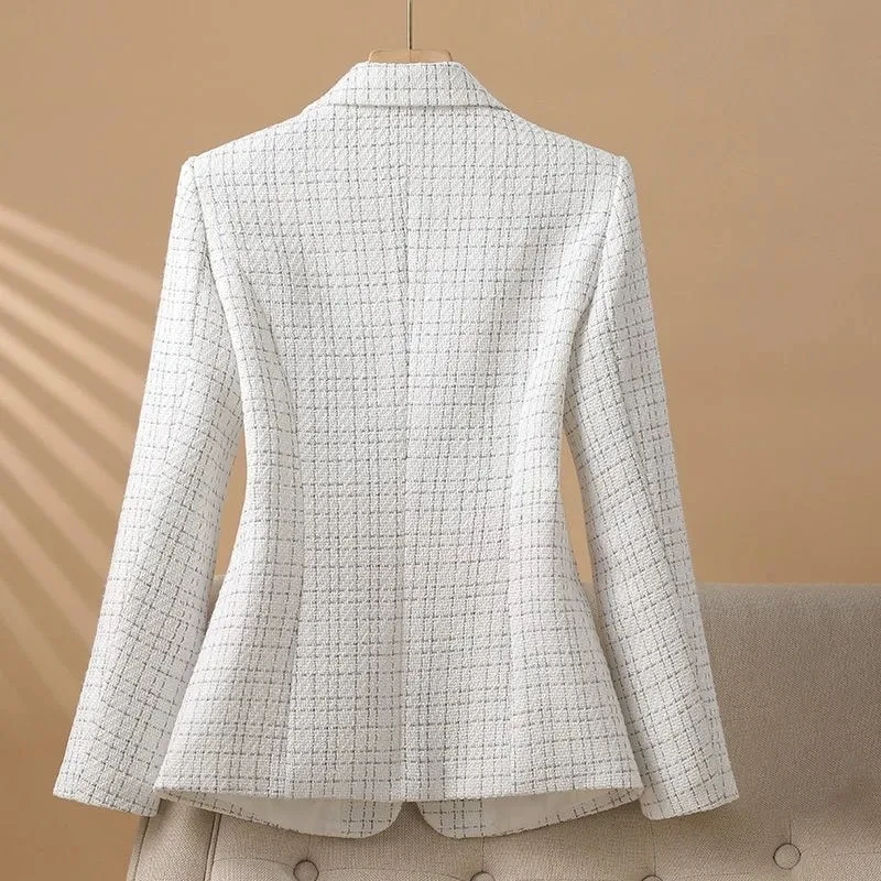Fashionable White Checkered Suit Jacket For Women Spring Autumn Small Fragrant New Design Elegant Slim Suit Coat Female Blazer