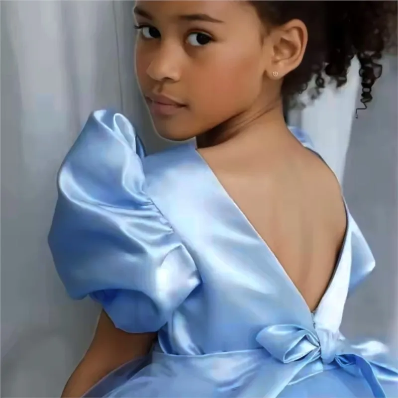 Fashion Girl Princess Vintage Silk Dress Puff Sleeve Child Tulle Vestido Wedding Party Birthday Tutu Dress Child Clothes 1-12Y view 5