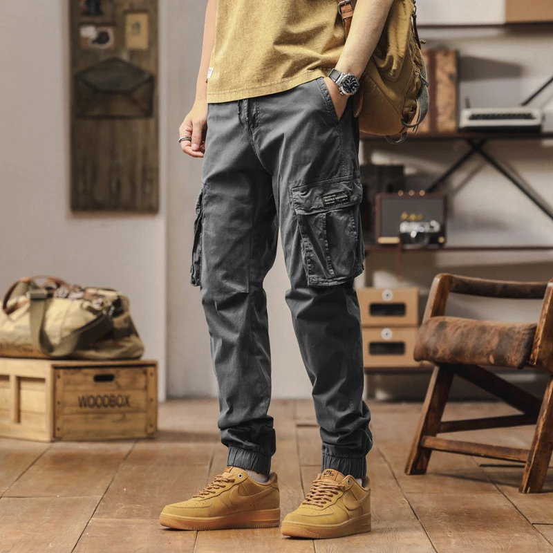 Men's summer style American street fashion cotton multi bag ankle pants retro solid color washed wear-resistant work pants