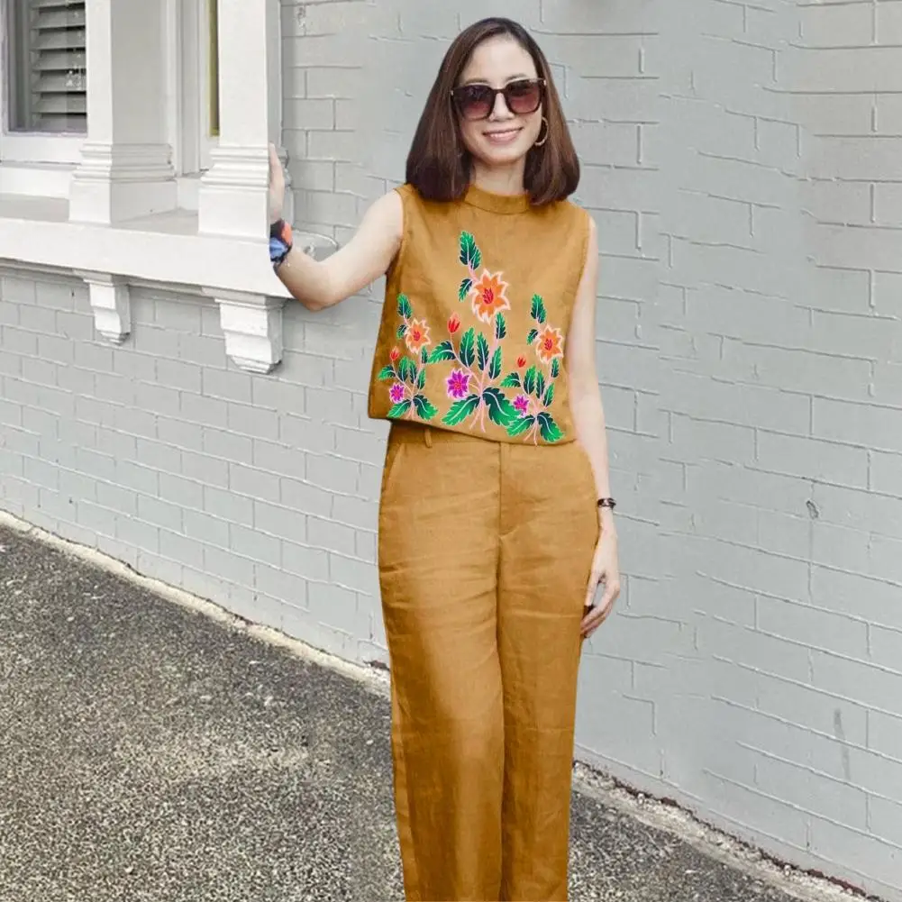 Conjunto de algodón sin mangas para mujer, con cuello redondo Camiseta sin mangas, pantalones de pierna ancha, conjuntos de dos piezas, ropa de gran