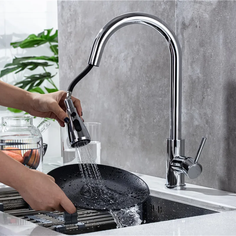 Chrome Touch Kitchen Faucets with Pull Down Hot Cold Kitchen Sink Mixer Tap Rotation Kitchen Fixture Smart Sensor Kitchen Faucet