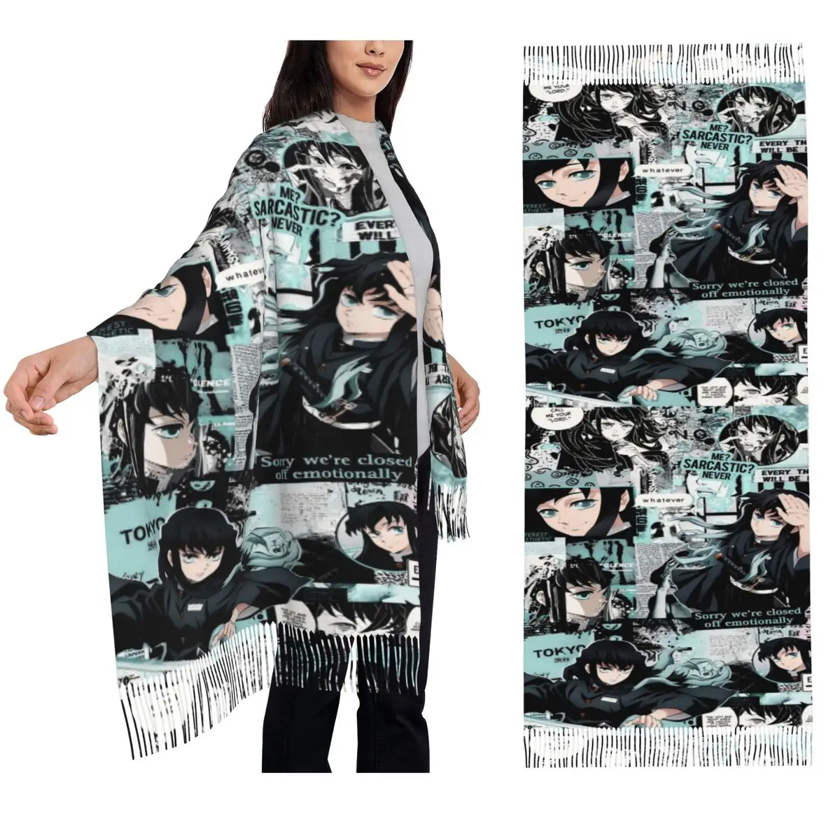 أنيمي شيطان القاتل Muichiro Tokito Kimetsu No Yaiba وشاح شرابة الأوشحة النساء شالات و يلتف طويل الخريف الشتاء شال التفاف