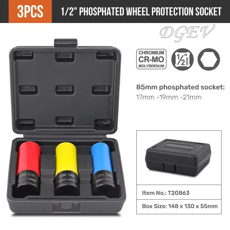 DGEV band zeshoekige dopsleutelset 1/2" aandrijving -17-22mm diepe muur slagdop voor bandenbescherming/autoreparatie wielset