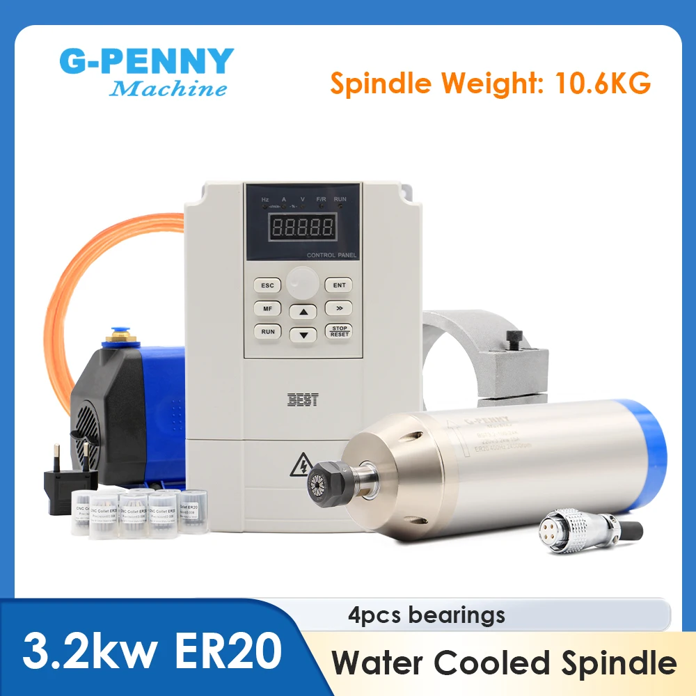 

G-PENNY 3,2 кВт Комплект шпиндельного двигателя с водяным охлаждением, пулевидный тип, водонепроницаемые, 4-комп. подшипников, лучший частотный привод, кронштейн и насос