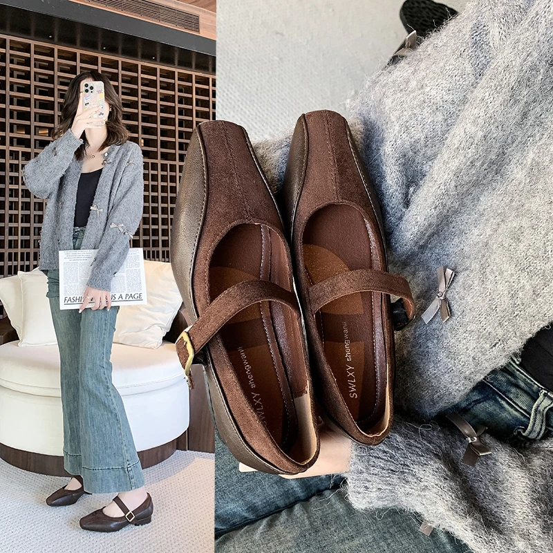 Mary Jane Women's Shoes 2026 New Popular Spring Fashion Versatile Square-Toe Japanese-Style Shallow Comfortable Work Flats