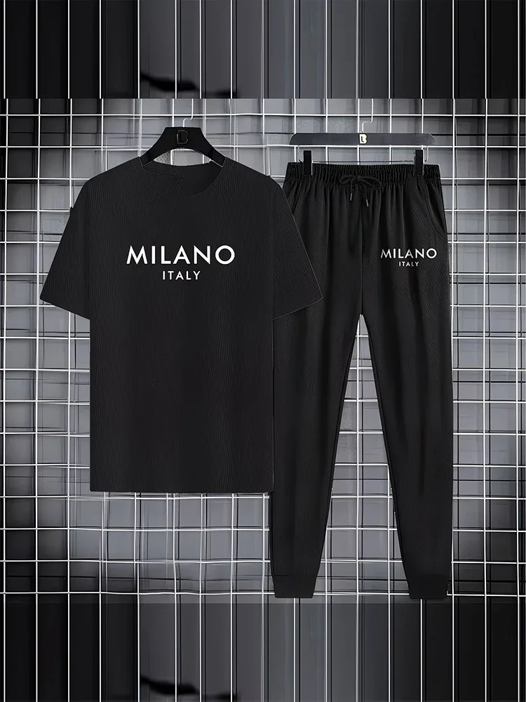 

Men's Casual Sportswear Set, Summer New Arrival Letter Print Short Sleeve T-Shirt + Leisure Pants Two-Piece