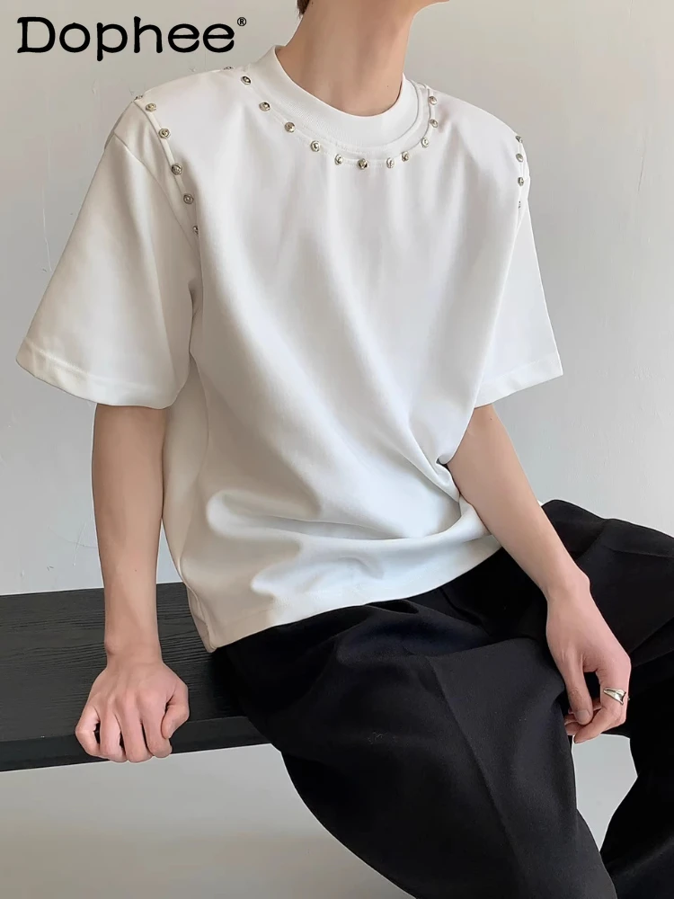 

High-end Fashion Shoulder Pads Short-sleeve T-shirts Metal Design Tops Men's Women's 2025 Summer New Trendy Solid Color T-shirt