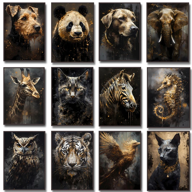 Black and Gold Animals Zebra Cat Dog Panda Owl Bear Elephant Poster and Prints Canvas Painting Wall Art Pictures Home Room De