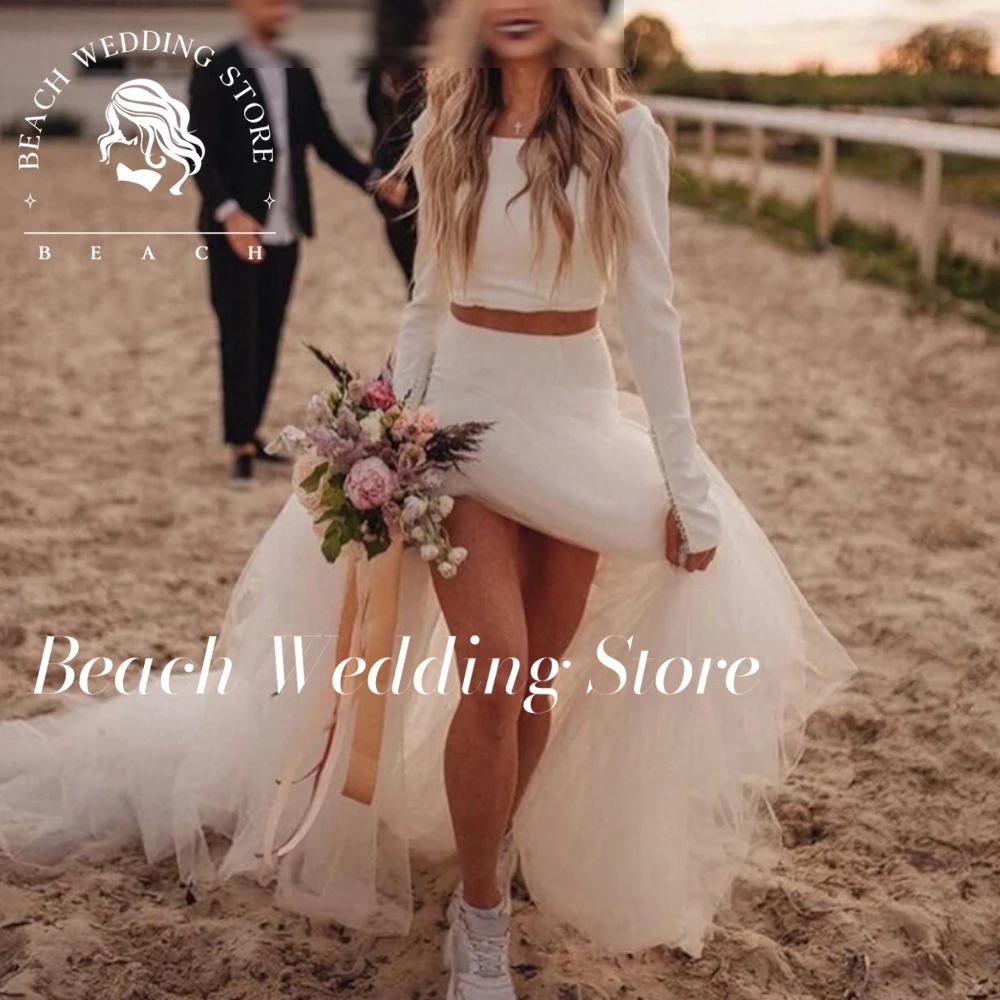 Praia personalizado boêmio vintage duas peças vestido de casamento 2023 robe de mariee branco para mulher manga longa vestido de noiva o-pescoço