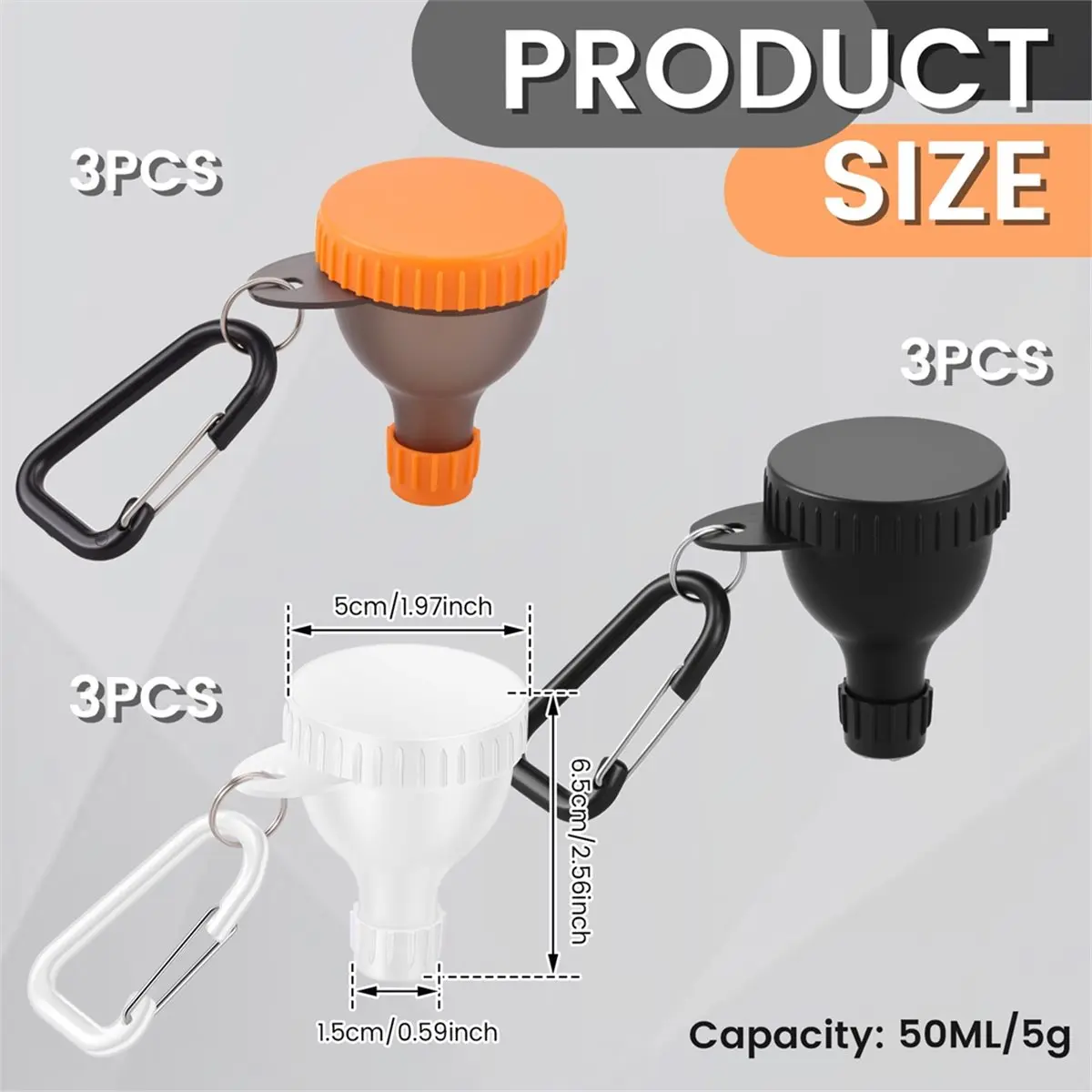 (A75U] 9Pcs Protein Powder Funnel Set 50ml Portable Mini Protein Powder Bottle Carabiner & Reinforced Cap for Workout Fitness