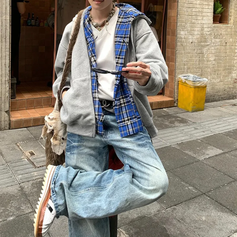 Y2K Harajuku Checkered Patchwork Sweatshirt Hoodie Jacket Men Punk Cardigan Usa Fake 2 Pcs Loose Autumn Unisex Casual Jacket New