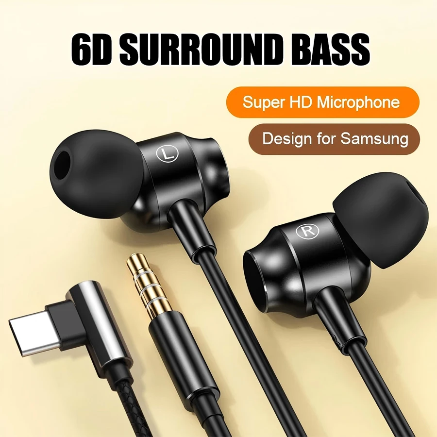6D Stereo Sound Headsets Metal Design Type C&3.5mm Wired Gamer Earphones Magnetic In-Ear Headphones For Samsung Handfree HD Call